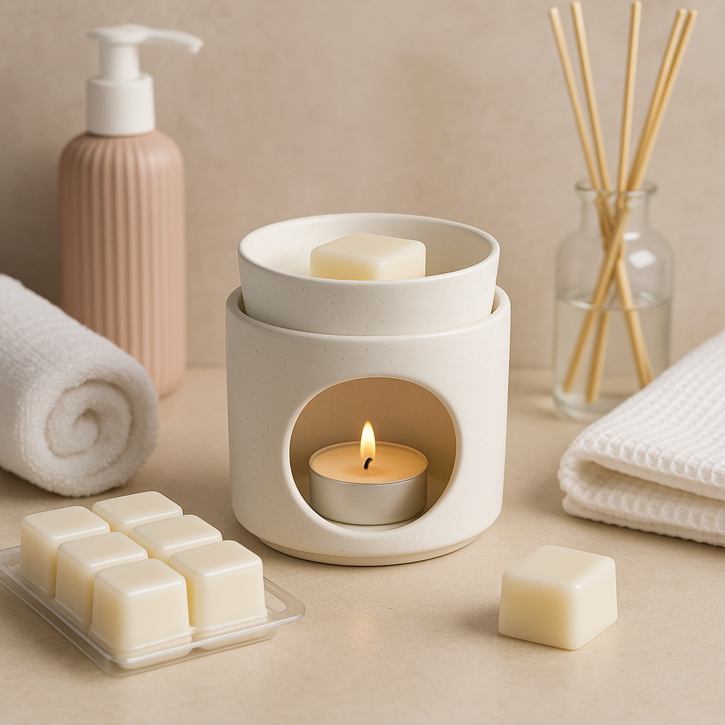 Wax melt burner gift set with candle and wax melts, designed for refreshing self-care rituals.