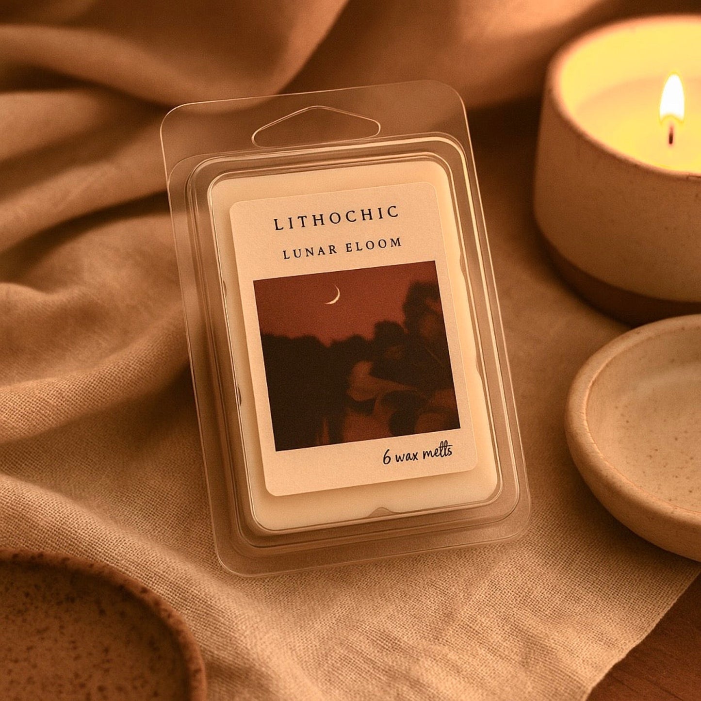 Soy wax melt package of Lunar Bloom by LithoChic, featuring romantic floral scent for evening relaxation.