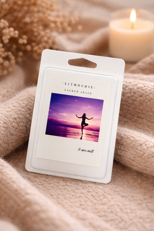 LithoChic product packaging with a woman in a yoga pose on a sunset beach, placed on a soft fabric background.